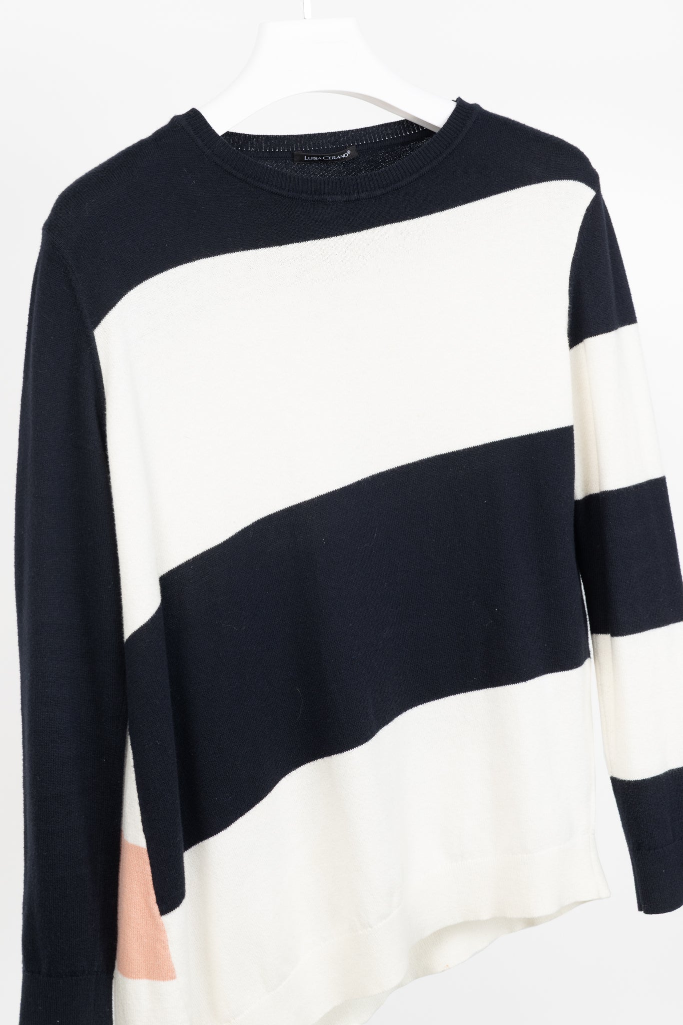 Luisa Cerano Navy & White Striped Cotton-Blend Asymmetric Sweater