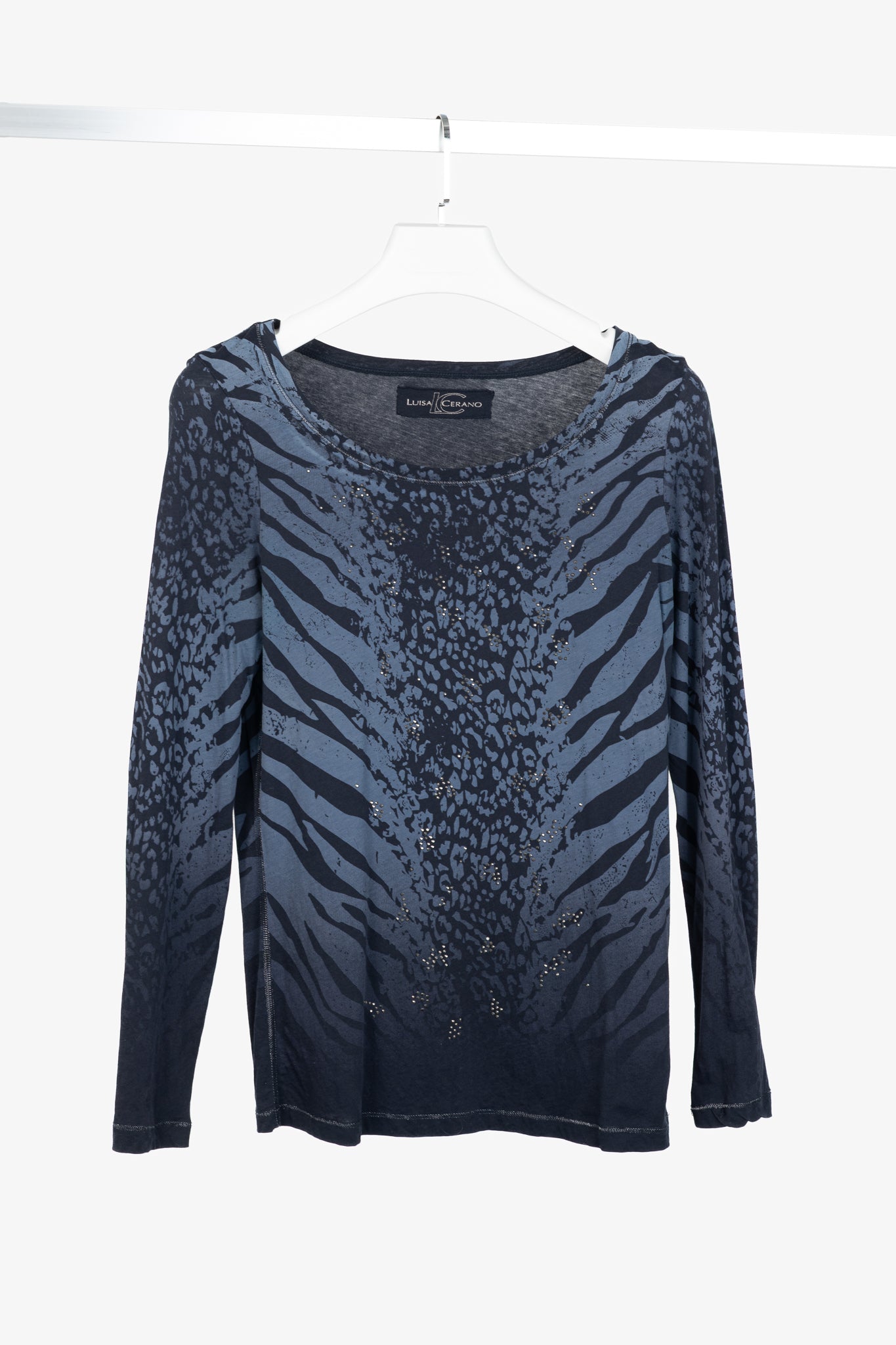 Luisa Cerano Blue Zebra-Print Rhinestone Cotton-Jersey T-Shirt