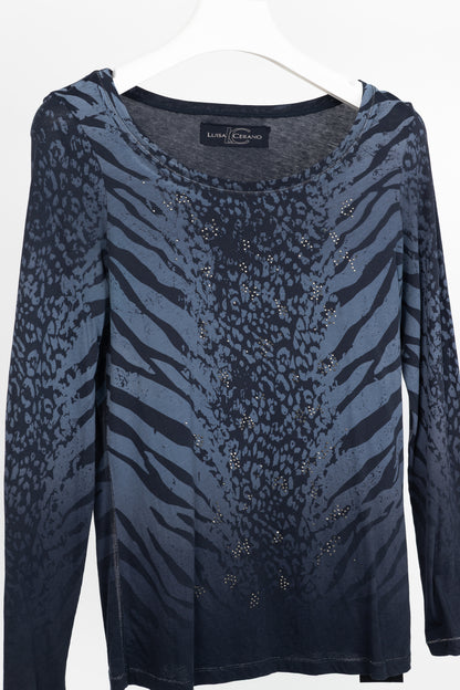 Luisa Cerano Blue Zebra-Print Rhinestone Cotton-Jersey T-Shirt