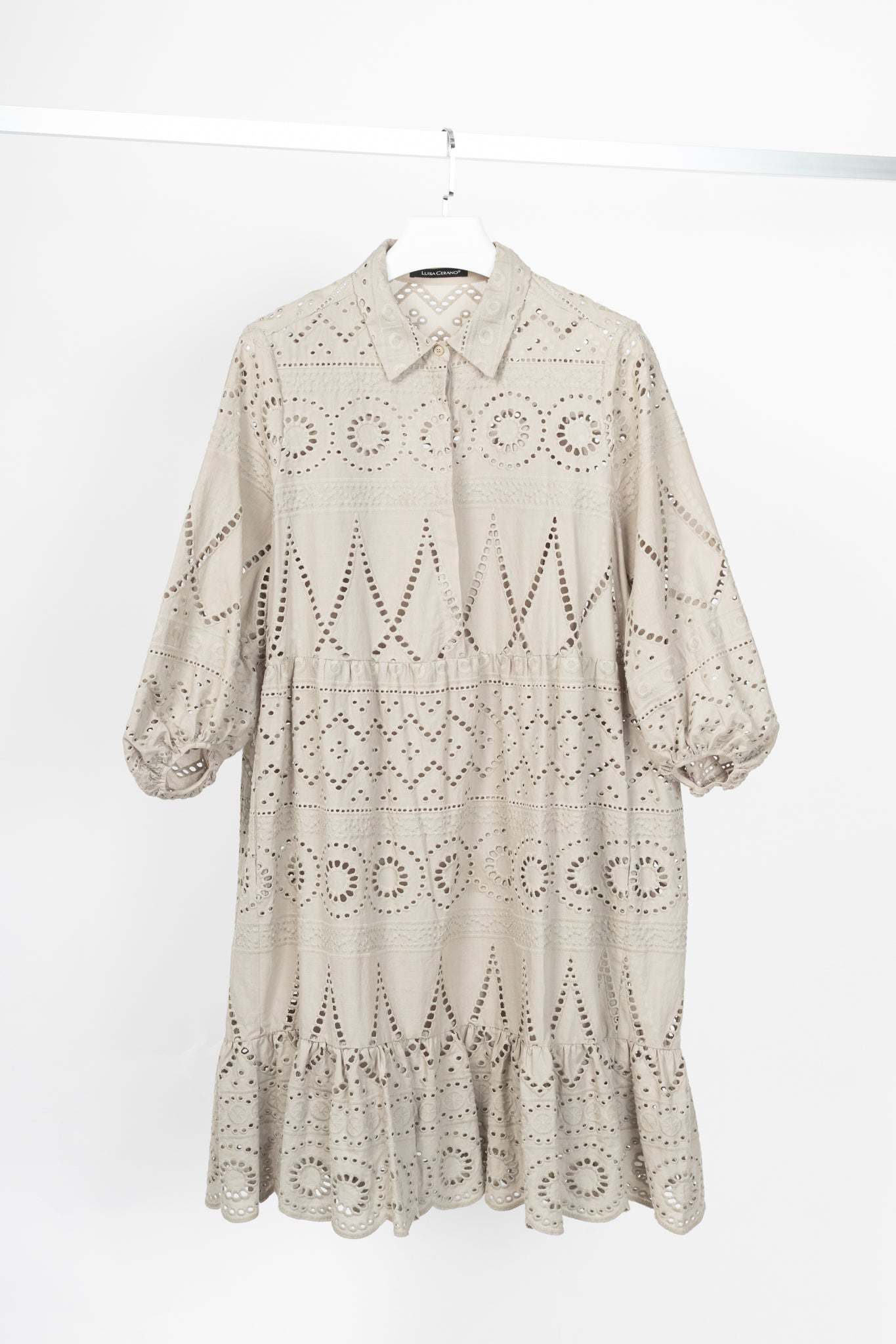Luisa Cerano SS22 Taupe Cotton Broderie Anglaise Shirt Dress