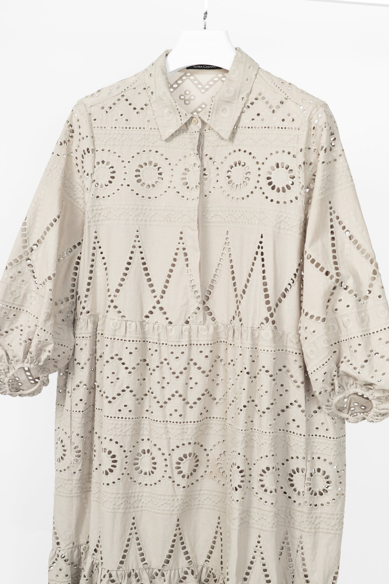 Luisa Cerano SS22 Taupe Cotton Broderie Anglaise Shirt Dress