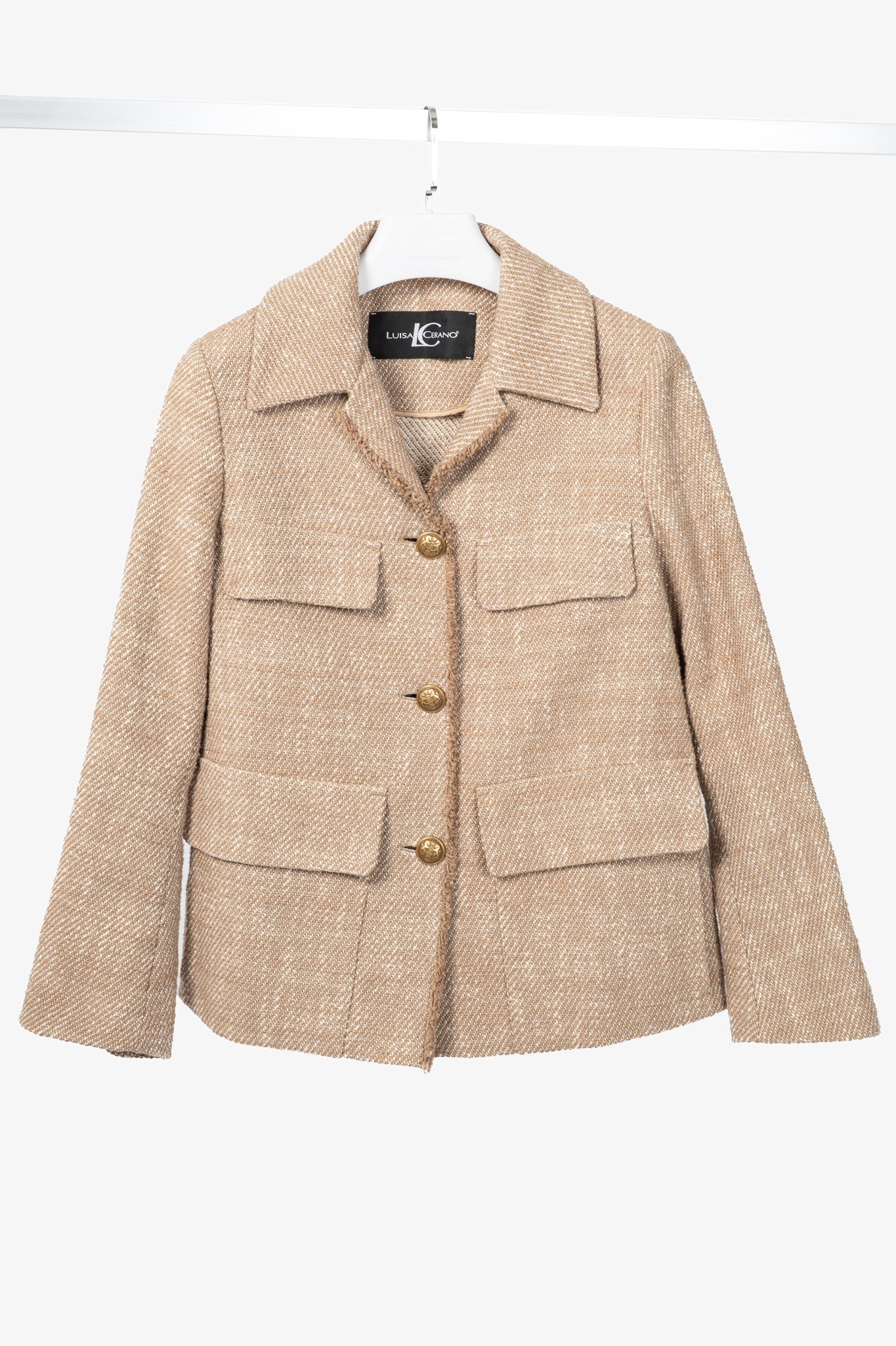 Luisa Cerano Brown Cotton Knit-Tweed Fringed Field Jacket