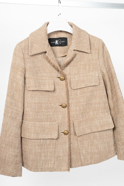 Luisa Cerano Brown Cotton Knit-Tweed Fringed Field Jacket