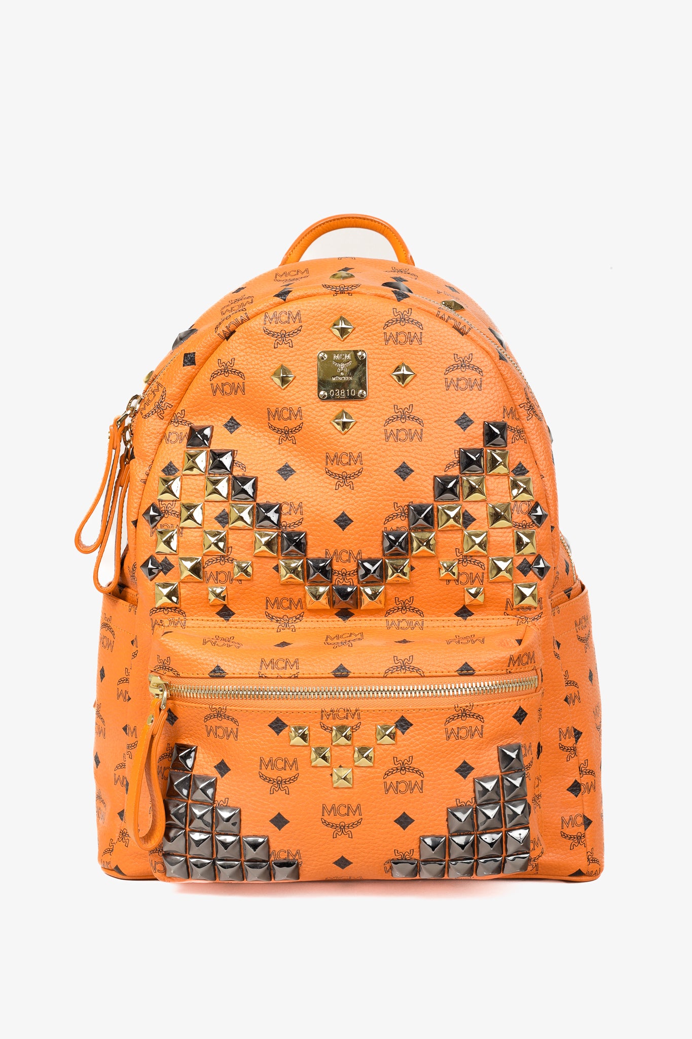 MCM Stark Metal Studs Orange Monogram Backpack