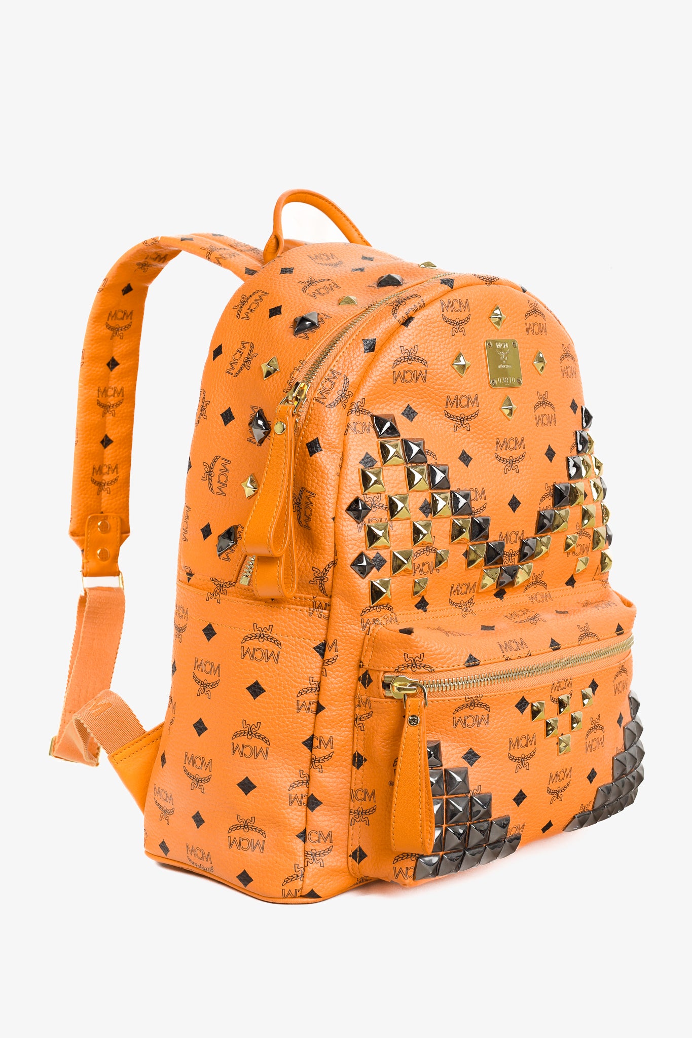MCM Stark Metal Studs Orange Monogram Backpack