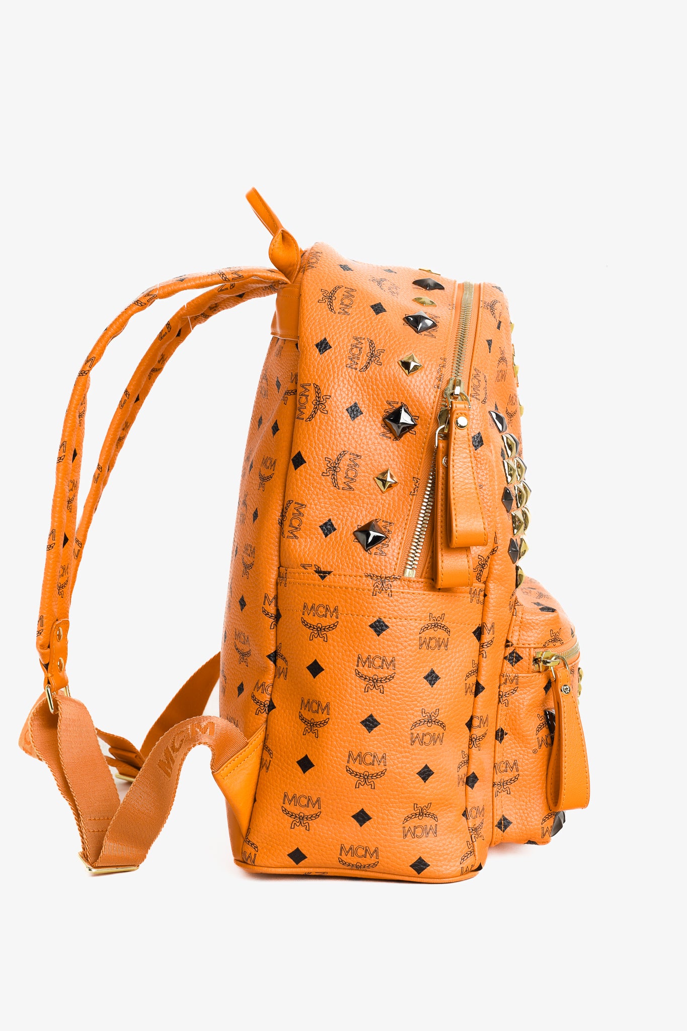 MCM Stark Metal Studs Orange Monogram Backpack