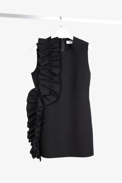 MSGM Black Crepe Ruffle Sleeveless Mini Dress