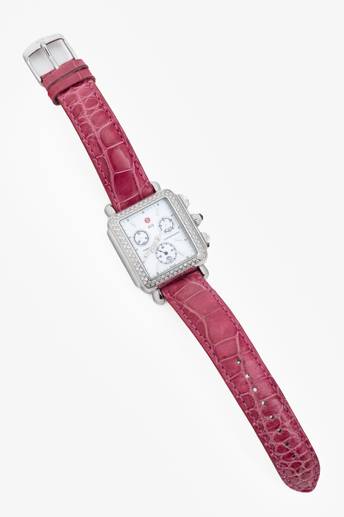 MICHELE Deco Diamond Chronograph Stainless-Steel Pink-Alligator-Strap Watch