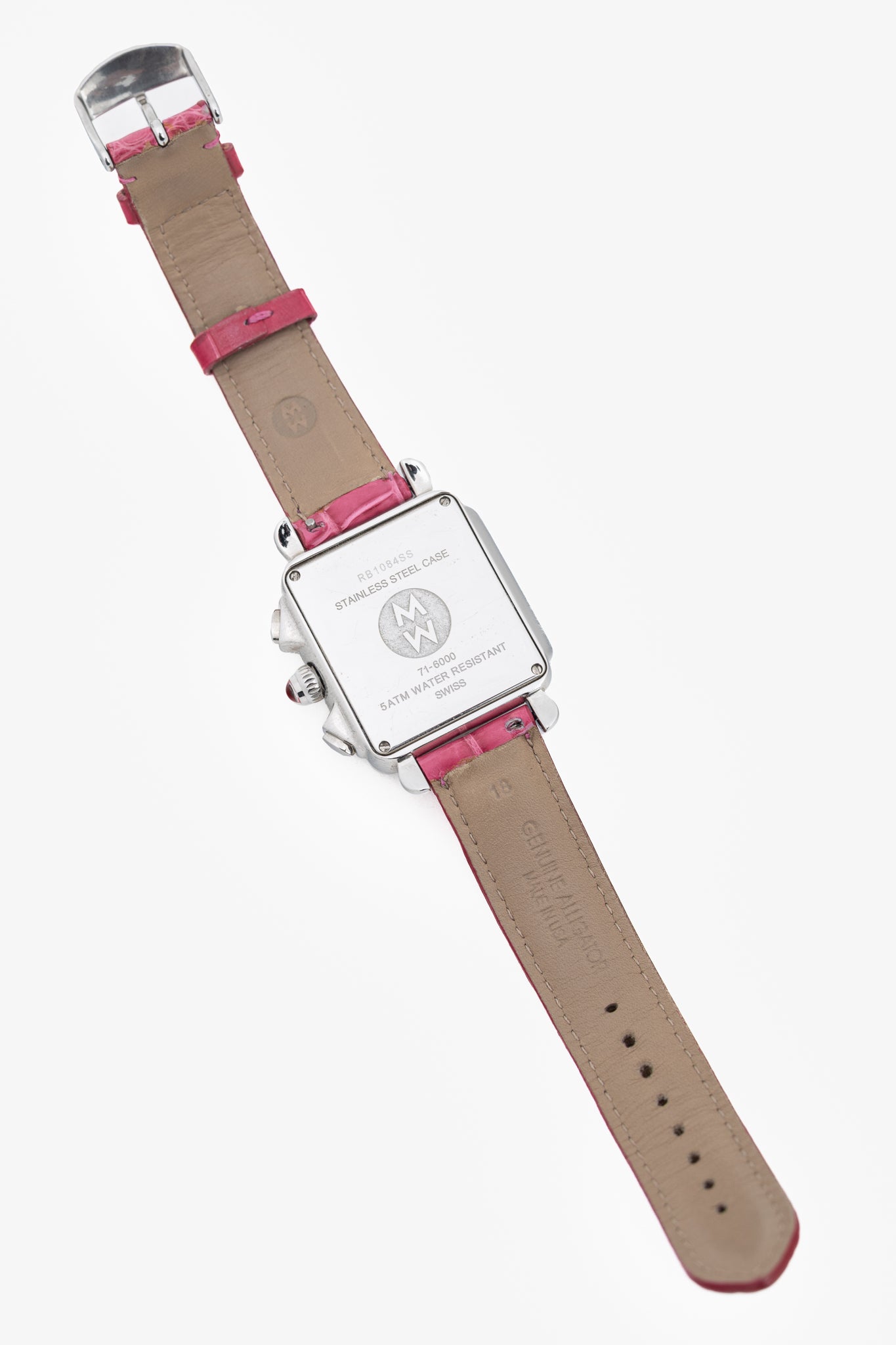 MICHELE Deco Diamond Chronograph Stainless-Steel Pink-Alligator-Strap Watch