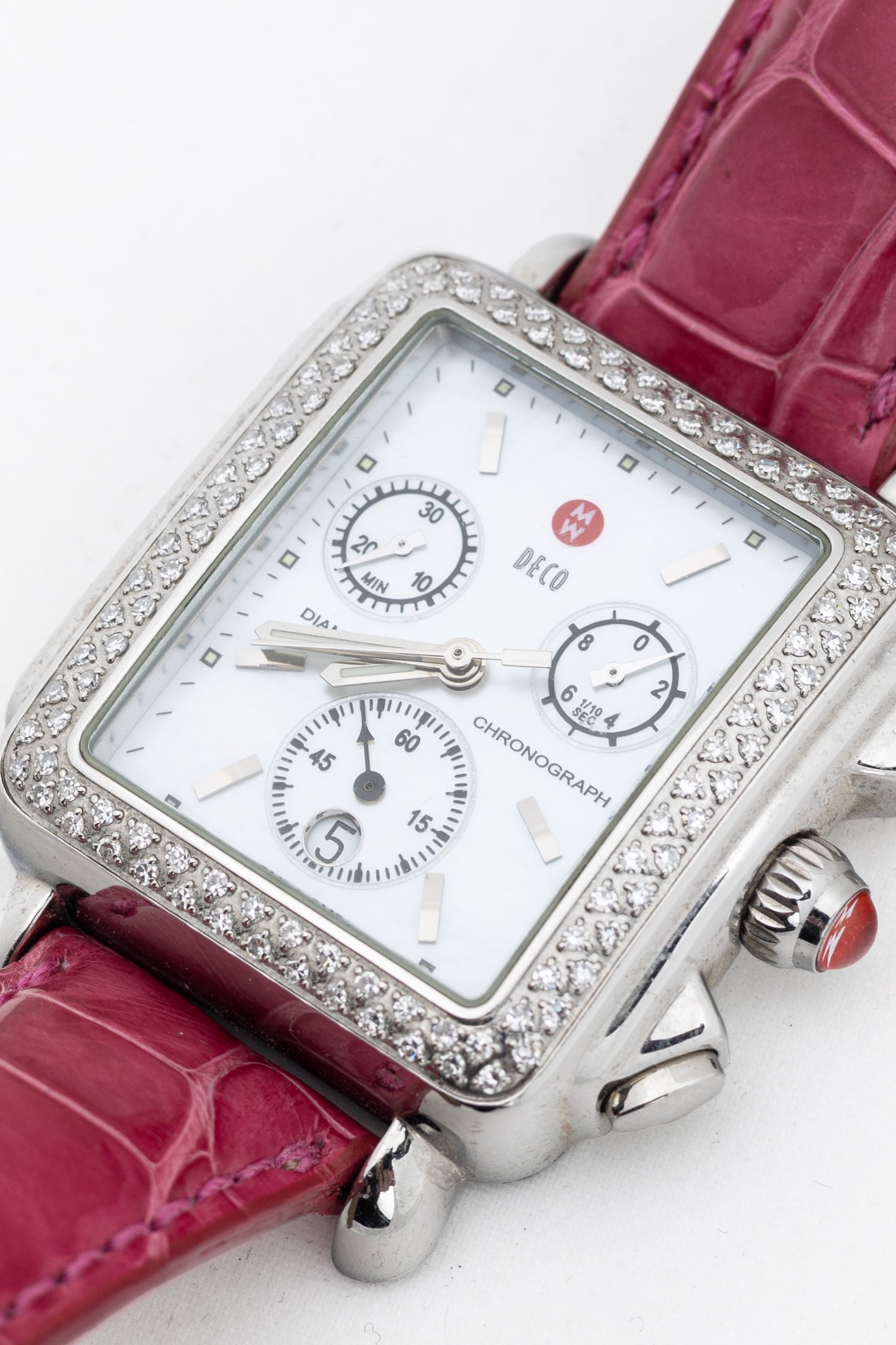 MICHELE Deco Diamond Chronograph Stainless-Steel Pink-Alligator-Strap Watch