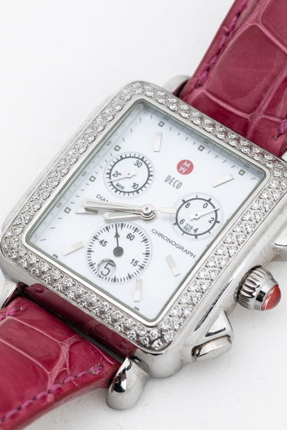 MICHELE Deco Diamond Chronograph Stainless-Steel Pink-Alligator-Strap Watch