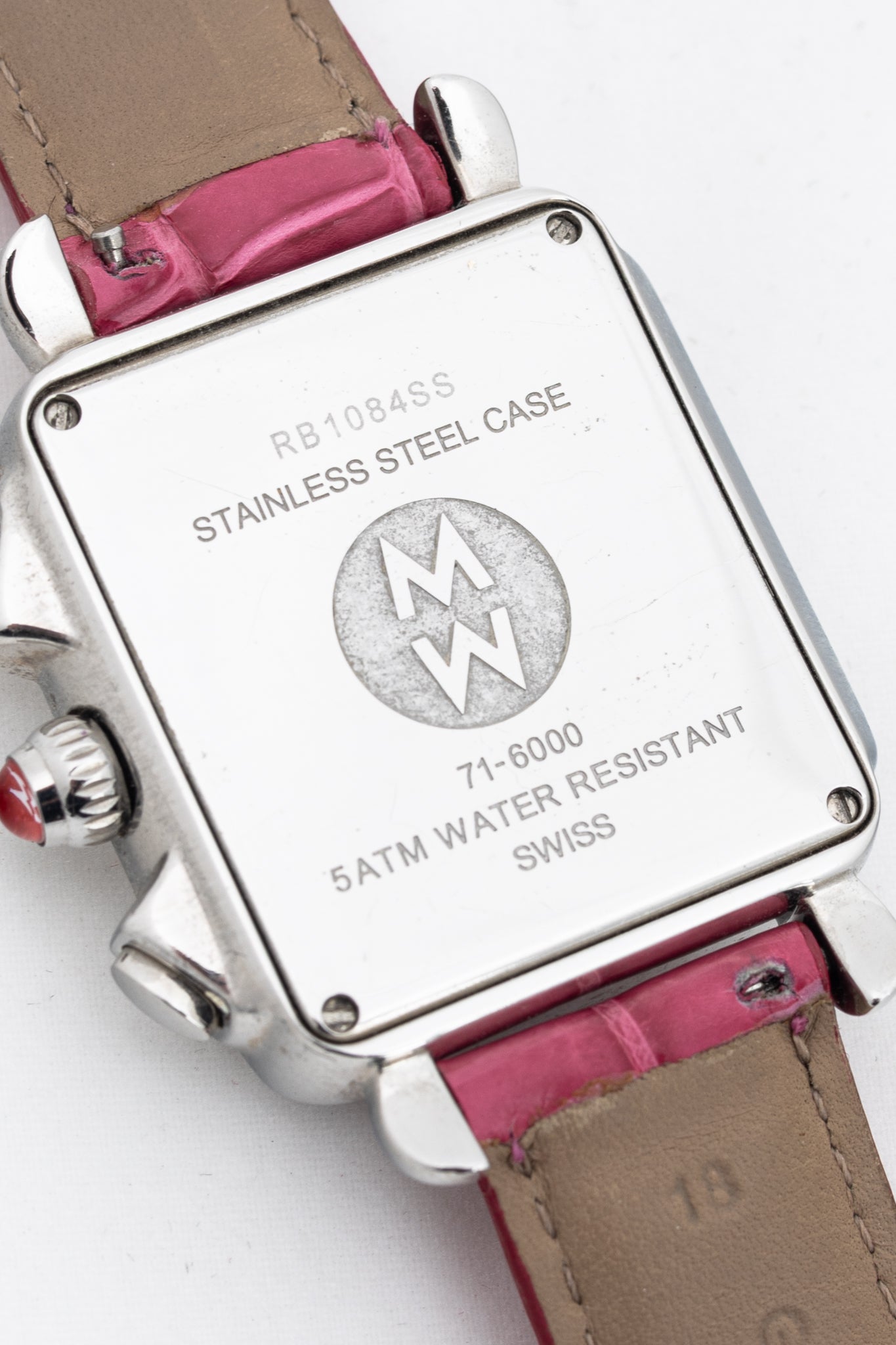 MICHELE Deco Diamond Chronograph Stainless-Steel Pink-Alligator-Strap Watch