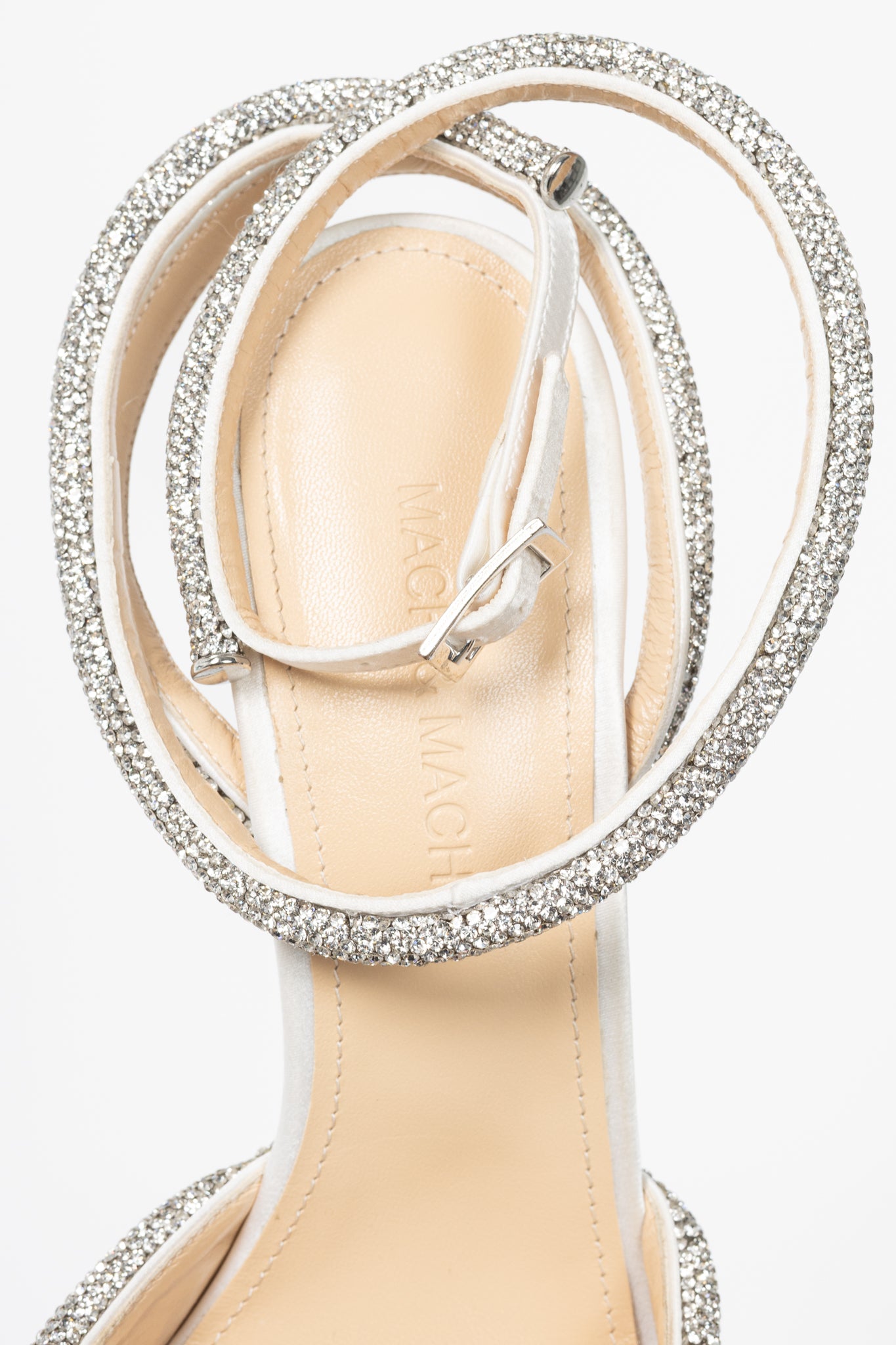 MACH & MACH Double Bow 110 White Silk-Satin Crystal-Embellished Heels