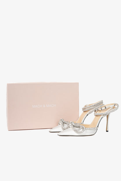 MACH & MACH Double Bow 110 White Silk-Satin Crystal-Embellished Heels