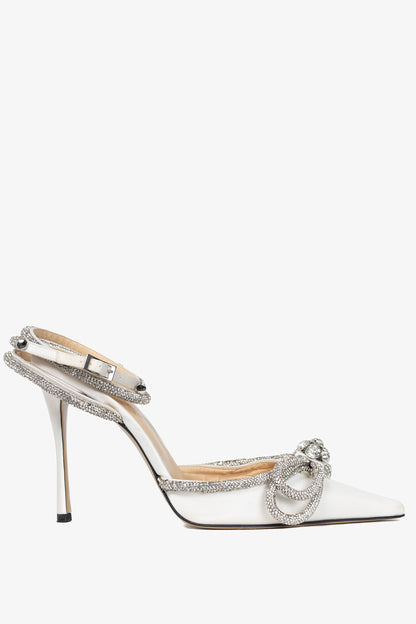 MACH & MACH Double Bow 110 White Silk-Satin Crystal-Embellished Heels