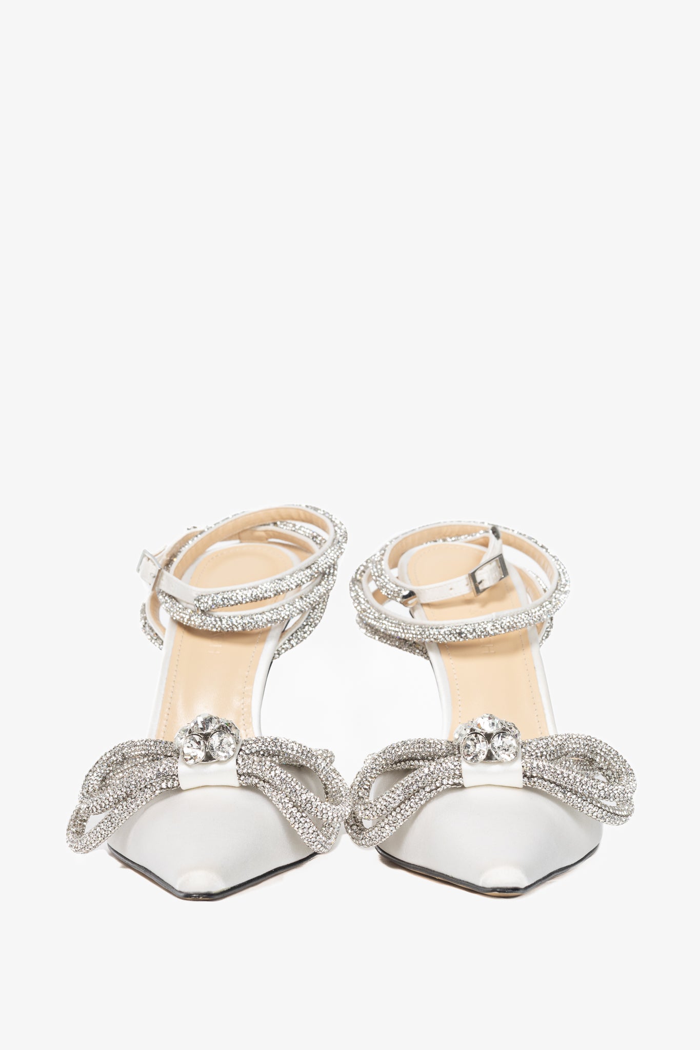 MACH & MACH Double Bow 110 White Silk-Satin Crystal-Embellished Heels