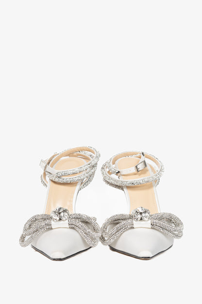 MACH & MACH Double Bow 110 White Silk-Satin Crystal-Embellished Heels