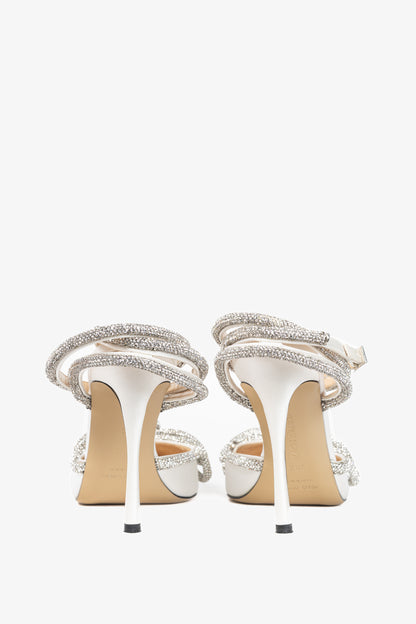 MACH & MACH Double Bow 110 White Silk-Satin Crystal-Embellished Heels