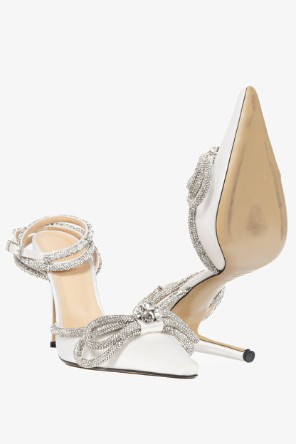 MACH & MACH Double Bow 110 White Silk-Satin Crystal-Embellished Heels