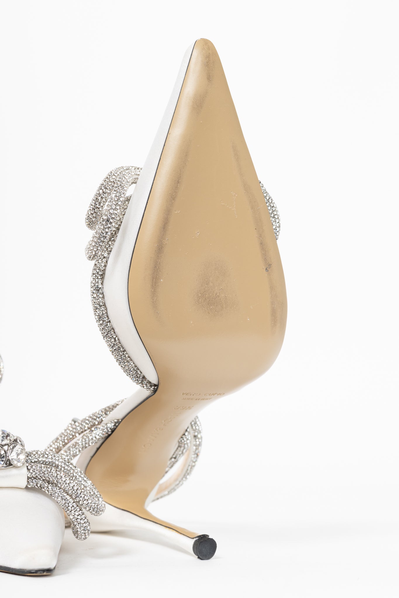 MACH & MACH Double Bow 110 White Silk-Satin Crystal-Embellished Heels