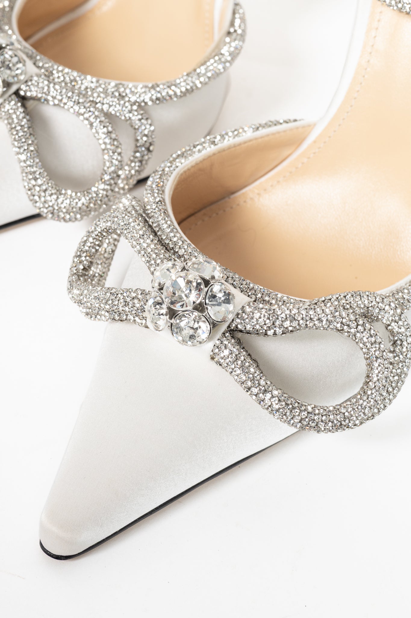 MACH & MACH Double Bow 110 White Silk-Satin Crystal-Embellished Heels