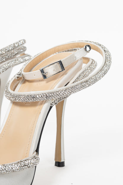 MACH & MACH Double Bow 110 White Silk-Satin Crystal-Embellished Heels