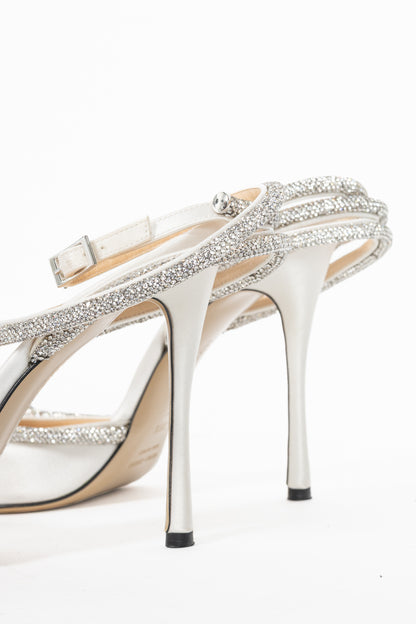 MACH & MACH Double Bow 110 White Silk-Satin Crystal-Embellished Heels