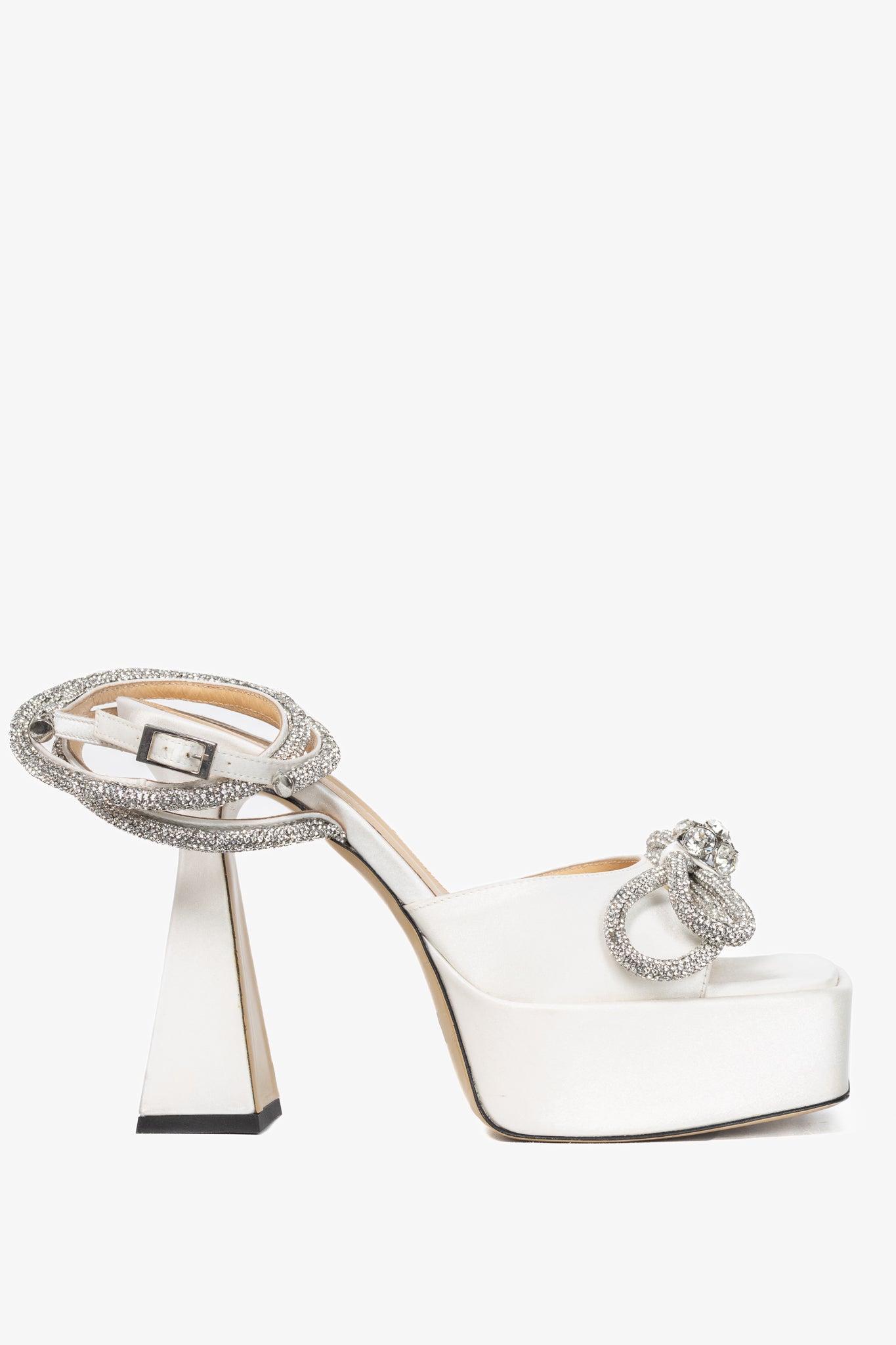 MACH & MACH Double Bow White Silk-Satin Crystal-Embellished Platform Sandals