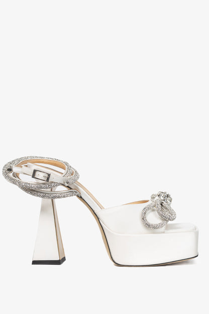 MACH & MACH Double Bow White Silk-Satin Crystal-Embellished Platform Sandals