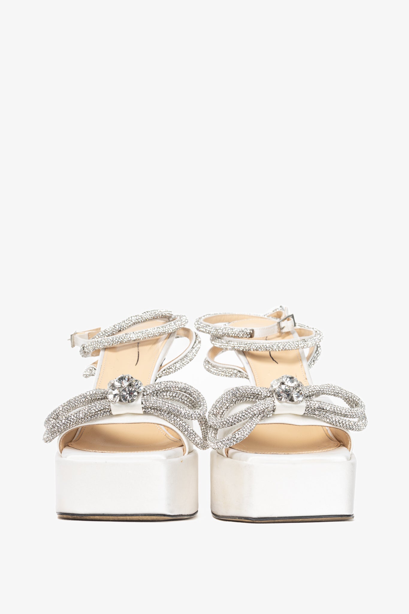 MACH & MACH Double Bow White Silk-Satin Crystal-Embellished Platform Sandals