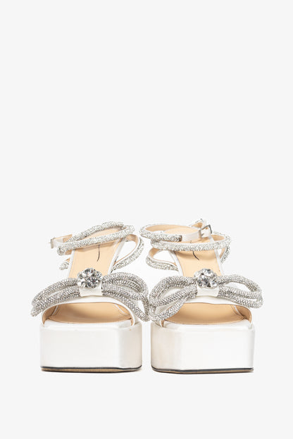 MACH & MACH Double Bow White Silk-Satin Crystal-Embellished Platform Sandals