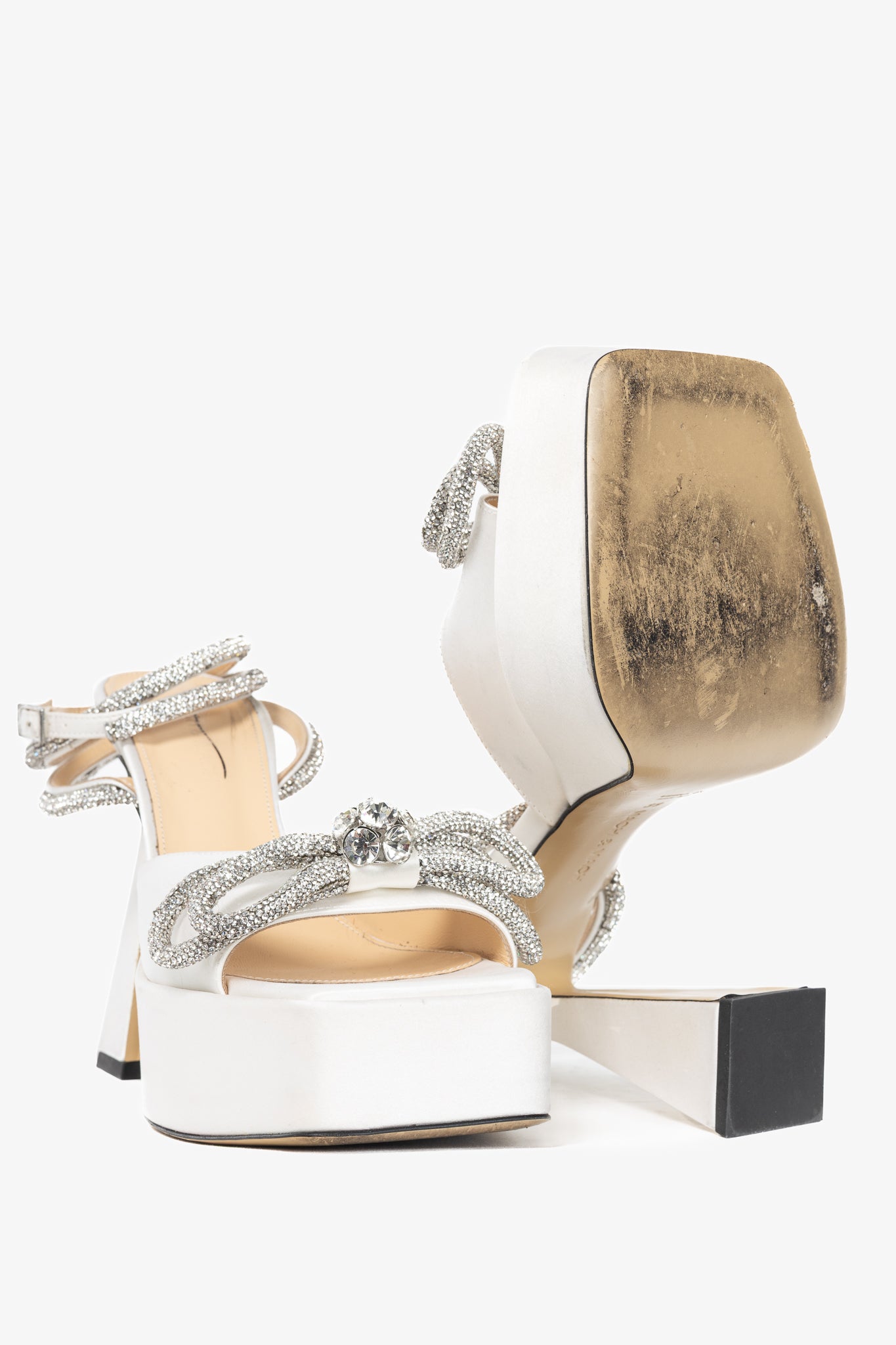 MACH & MACH Double Bow White Silk-Satin Crystal-Embellished Platform Sandals