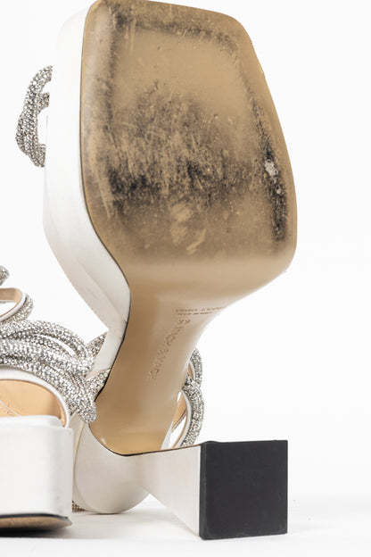 MACH & MACH Double Bow White Silk-Satin Crystal-Embellished Platform Sandals
