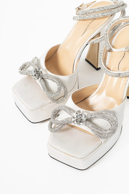 MACH & MACH Double Bow White Silk-Satin Crystal-Embellished Platform Sandals