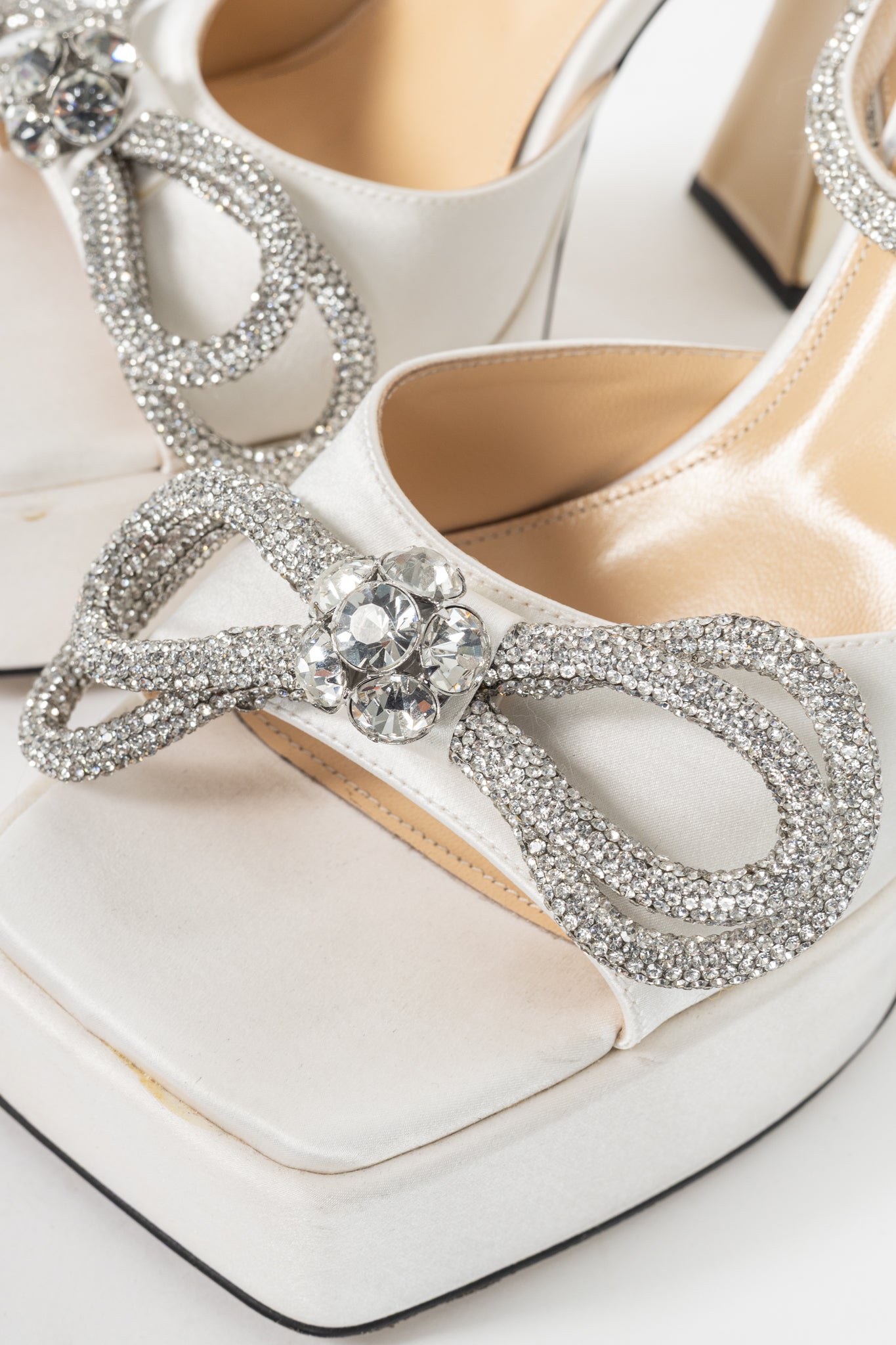 MACH & MACH Double Bow White Silk-Satin Crystal-Embellished Platform Sandals