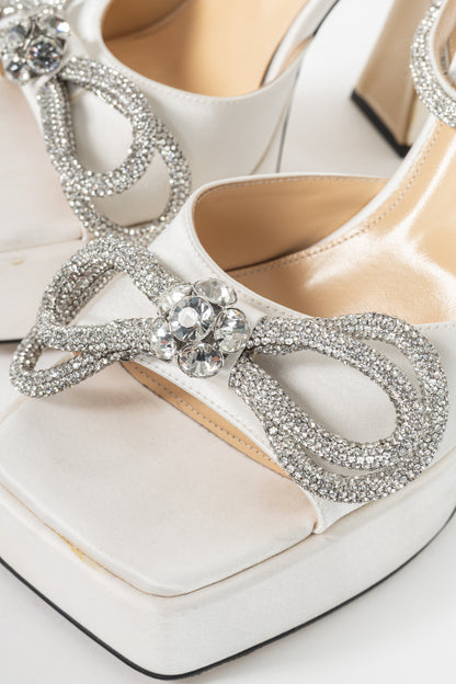 MACH & MACH Double Bow White Silk-Satin Crystal-Embellished Platform Sandals