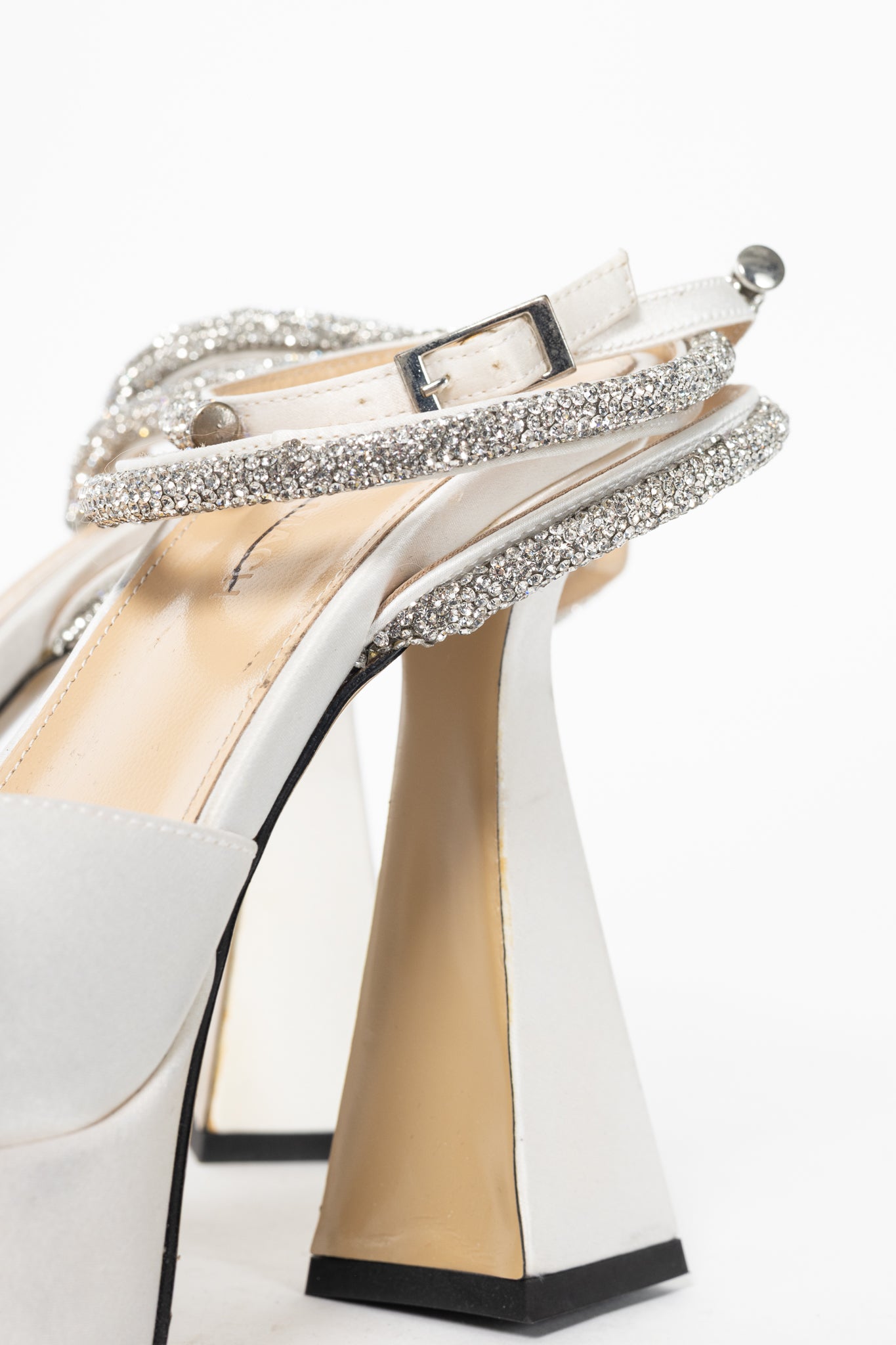 MACH & MACH Double Bow White Silk-Satin Crystal-Embellished Platform Sandals