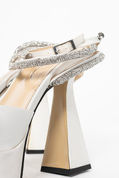 MACH & MACH Double Bow White Silk-Satin Crystal-Embellished Platform Sandals