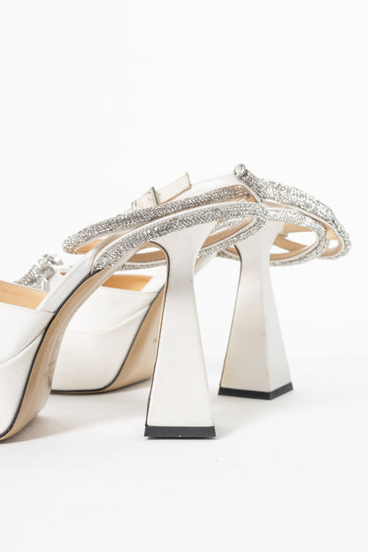 MACH & MACH Double Bow White Silk-Satin Crystal-Embellished Platform Sandals