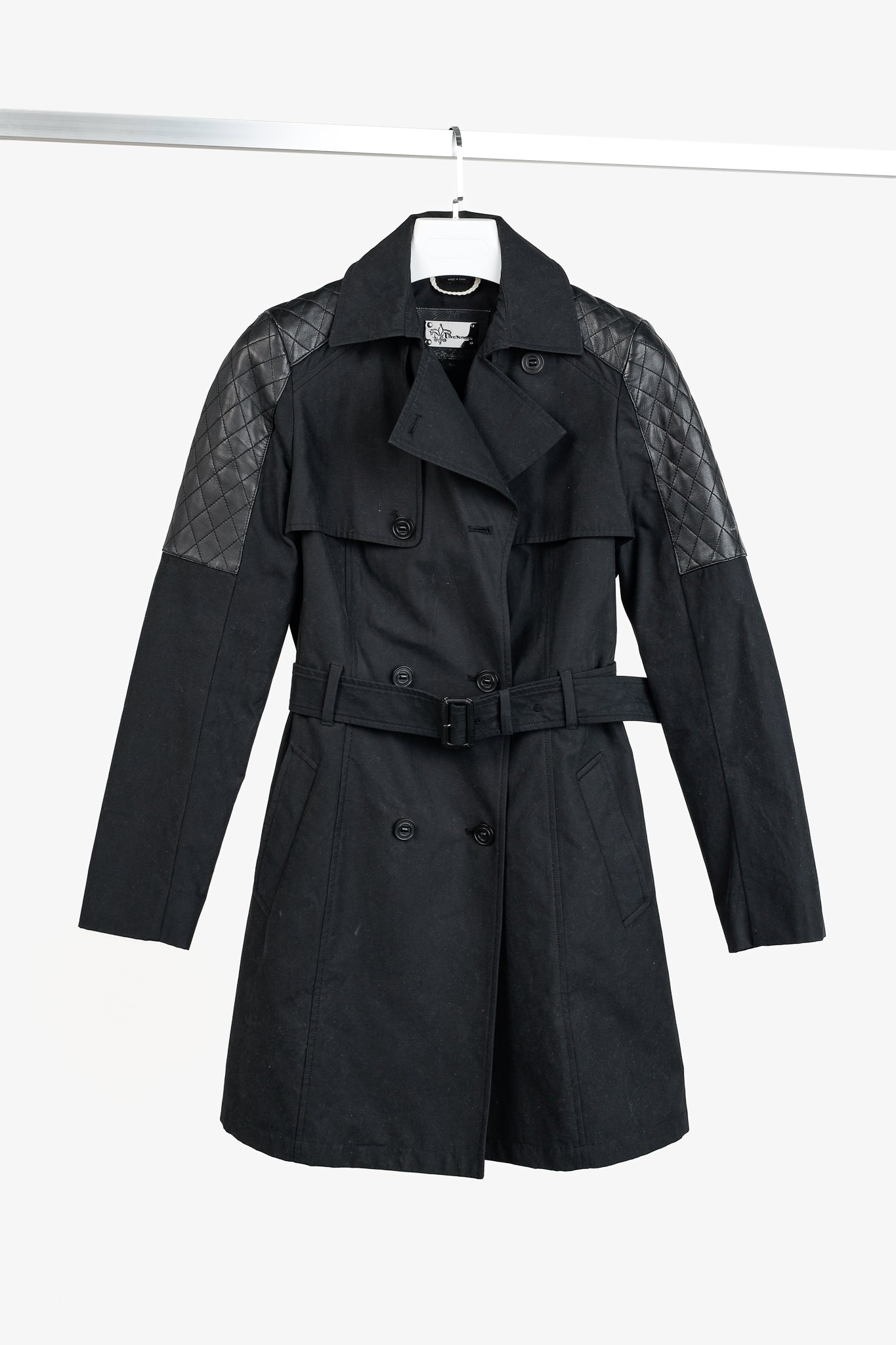 Mackage Lilith Black Cotton Quilted-Leather-Trim Belted Trench Coat