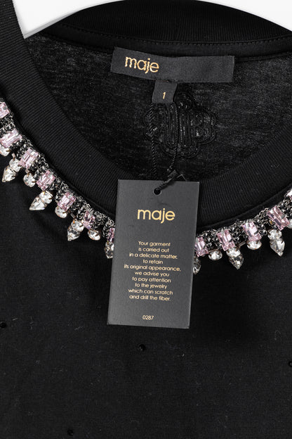 Maje Noir Jersey T-shirt with Diamanté