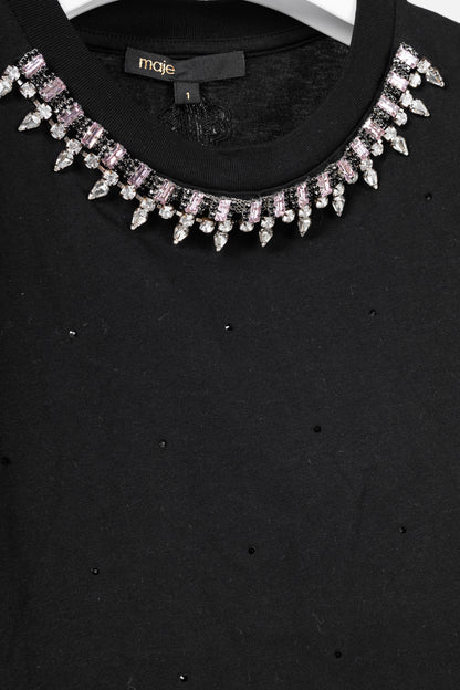 Maje Noir Jersey T-shirt with Diamanté