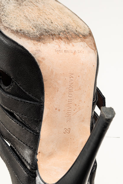 Manolo Blahnik Black Leather Buckled Gladiator Sandals
