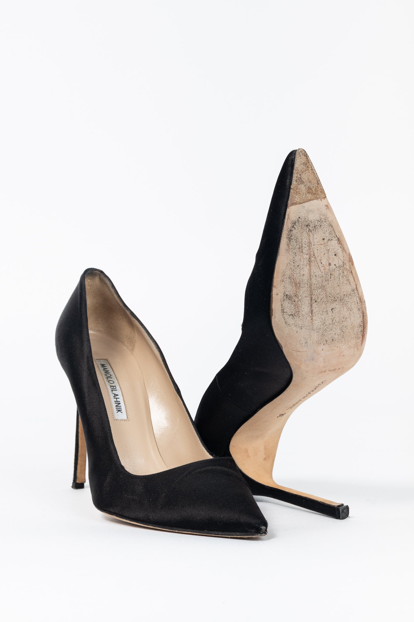 Manolo Blahnik BB Black Satin Pointed-Toe Heels