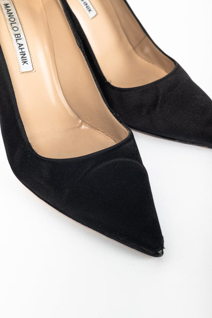 Manolo Blahnik BB Black Satin Pointed-Toe Heels