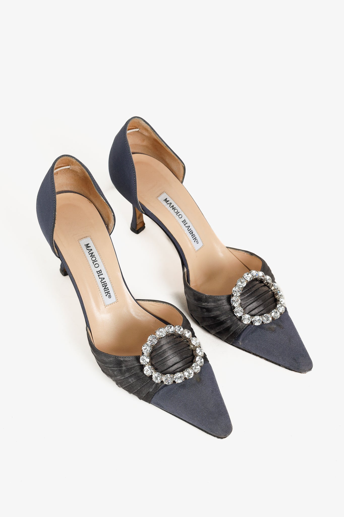 Manolo Blahnik Sedara Grey Satin Crystal-Embellished D'Orsay Pumps