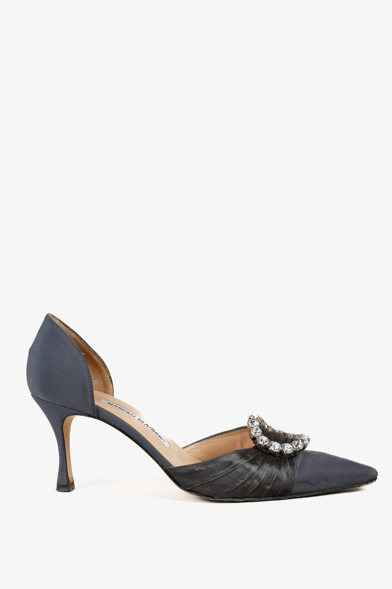 Manolo Blahnik Sedara Grey Satin Crystal-Embellished D'Orsay Pumps
