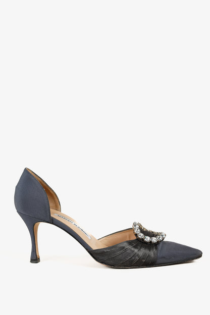 Manolo Blahnik Sedara Grey Satin Crystal-Embellished D'Orsay Pumps