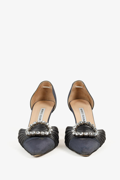 Manolo Blahnik Sedara Grey Satin Crystal-Embellished D'Orsay Pumps