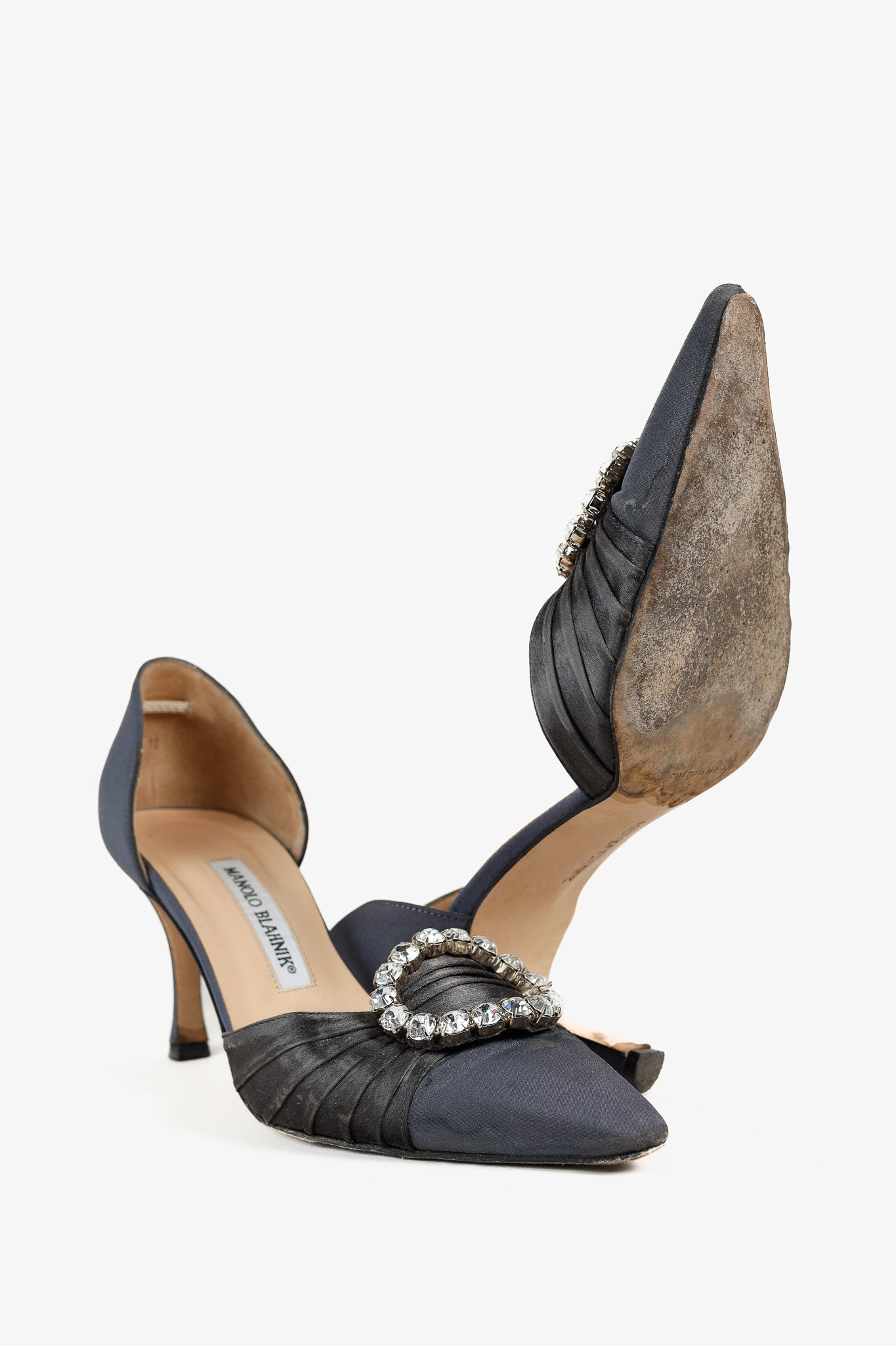 Manolo Blahnik Sedara Grey Satin Crystal-Embellished D'Orsay Pumps